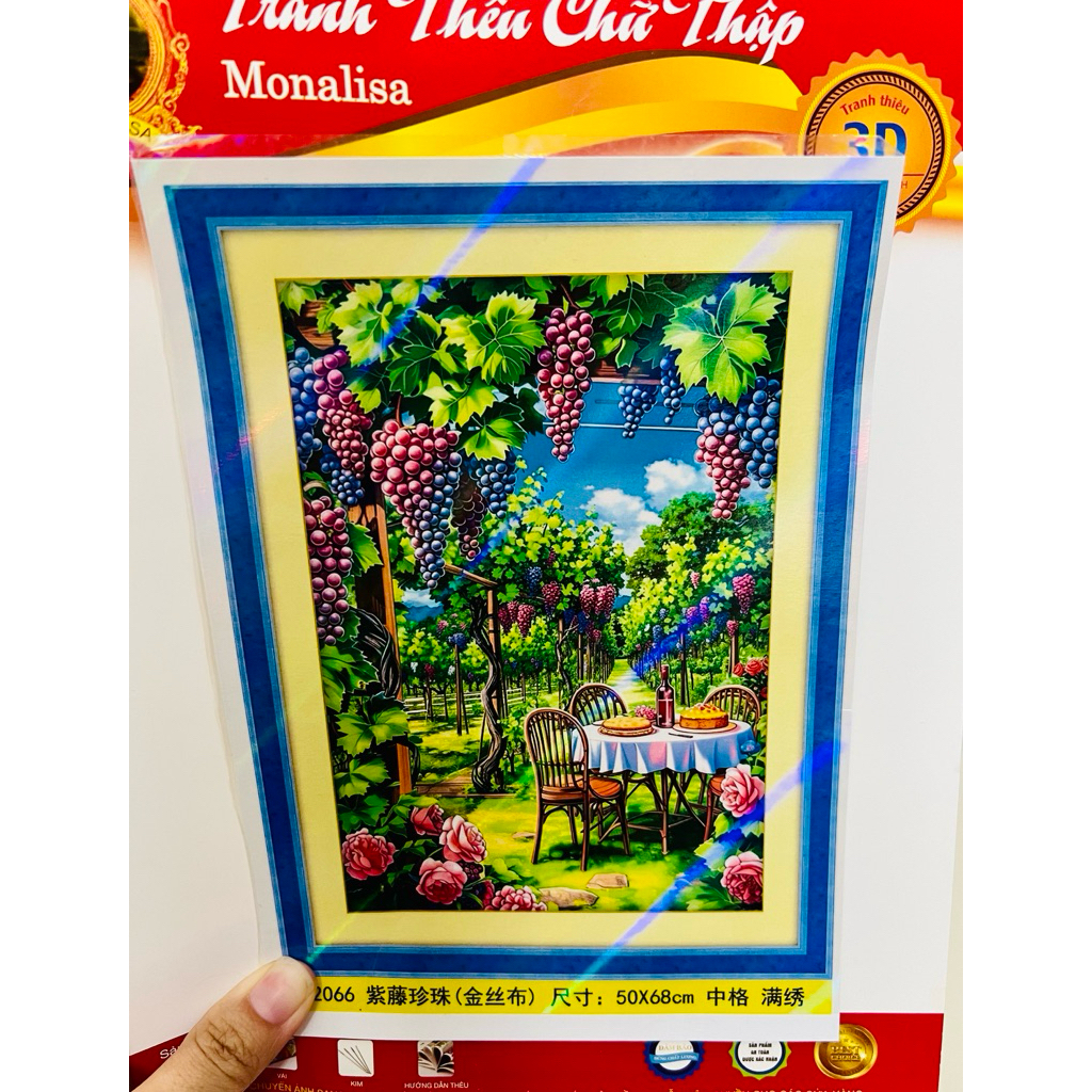 Tranh thêu kín Vườn nho 2066, kích thước 62 x 62 cm, thêu kín