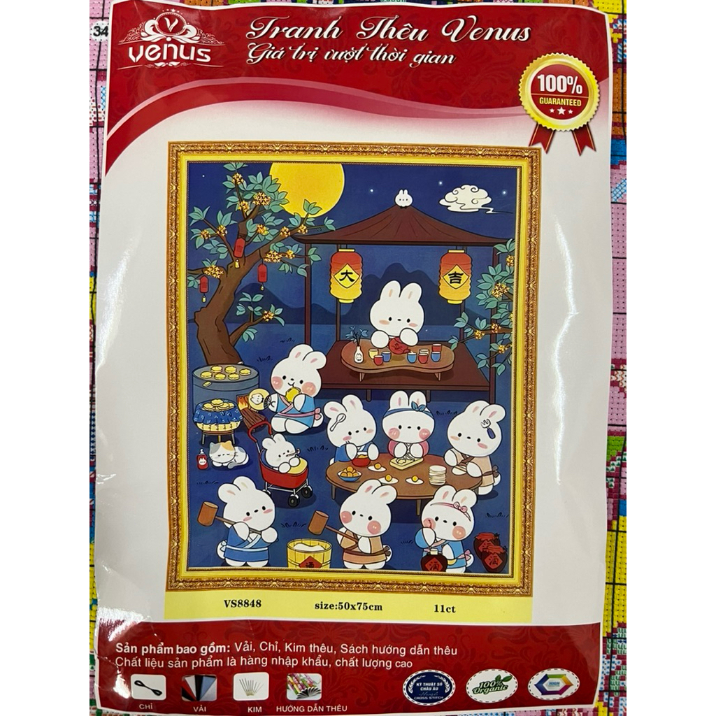 Tranh thêu kín chữ thập Thỏ mở tiệc, các loại thỏ dễ cưng