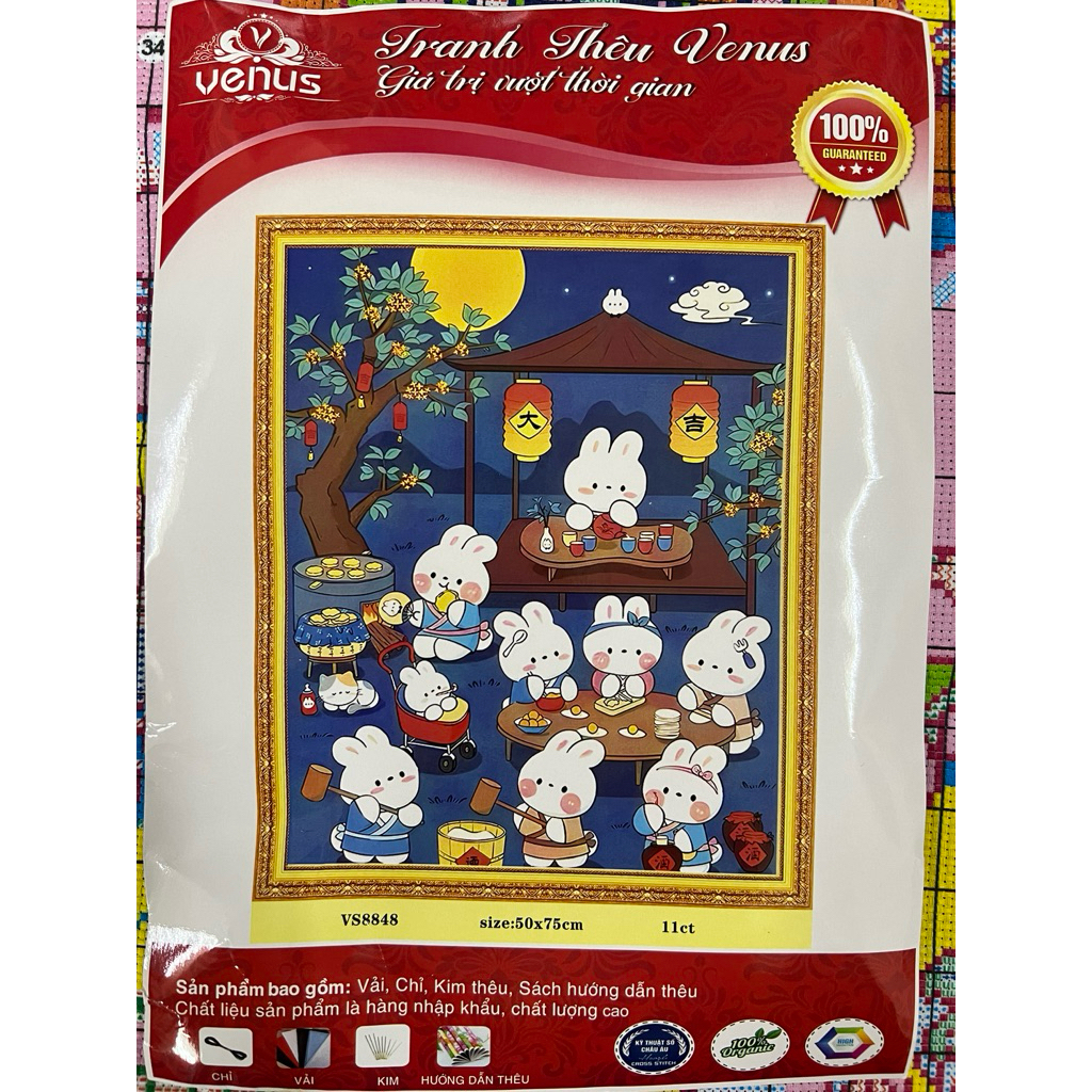 Tranh thêu kín chữ thập Thỏ mở tiệc, các loại thỏ dễ cưng