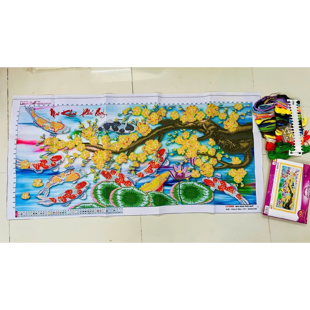 Tranh thêu chữ thập Cửu ngư cành mai vàng LV3468, kích thước 124 x 58 cm