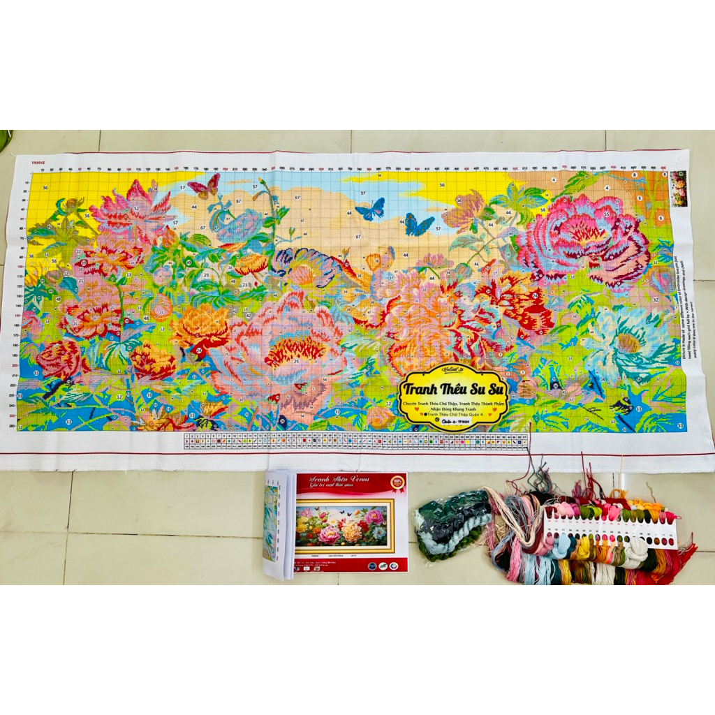 Tranh thêu kín Hoa mẫu đơn xinh tươi VS9042, kích thước 167x 76 cm