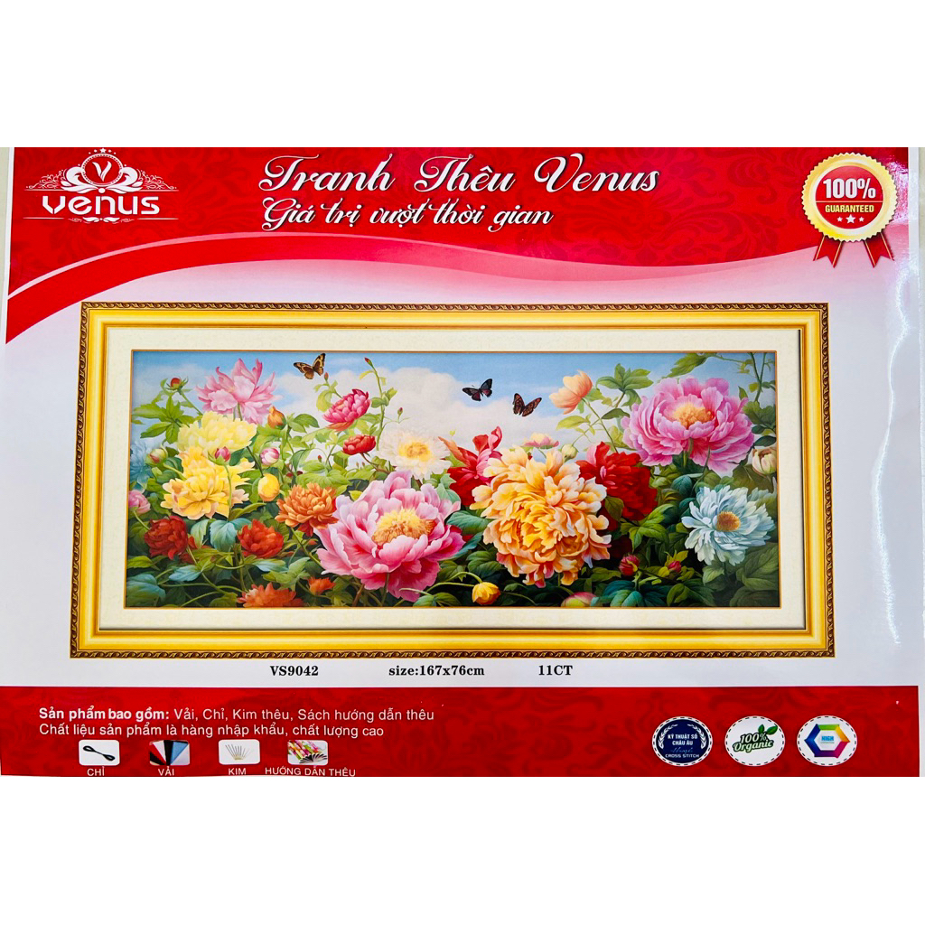 Tranh thêu kín Hoa mẫu đơn xinh tươi VS9042, kích thước 167x 76 cm