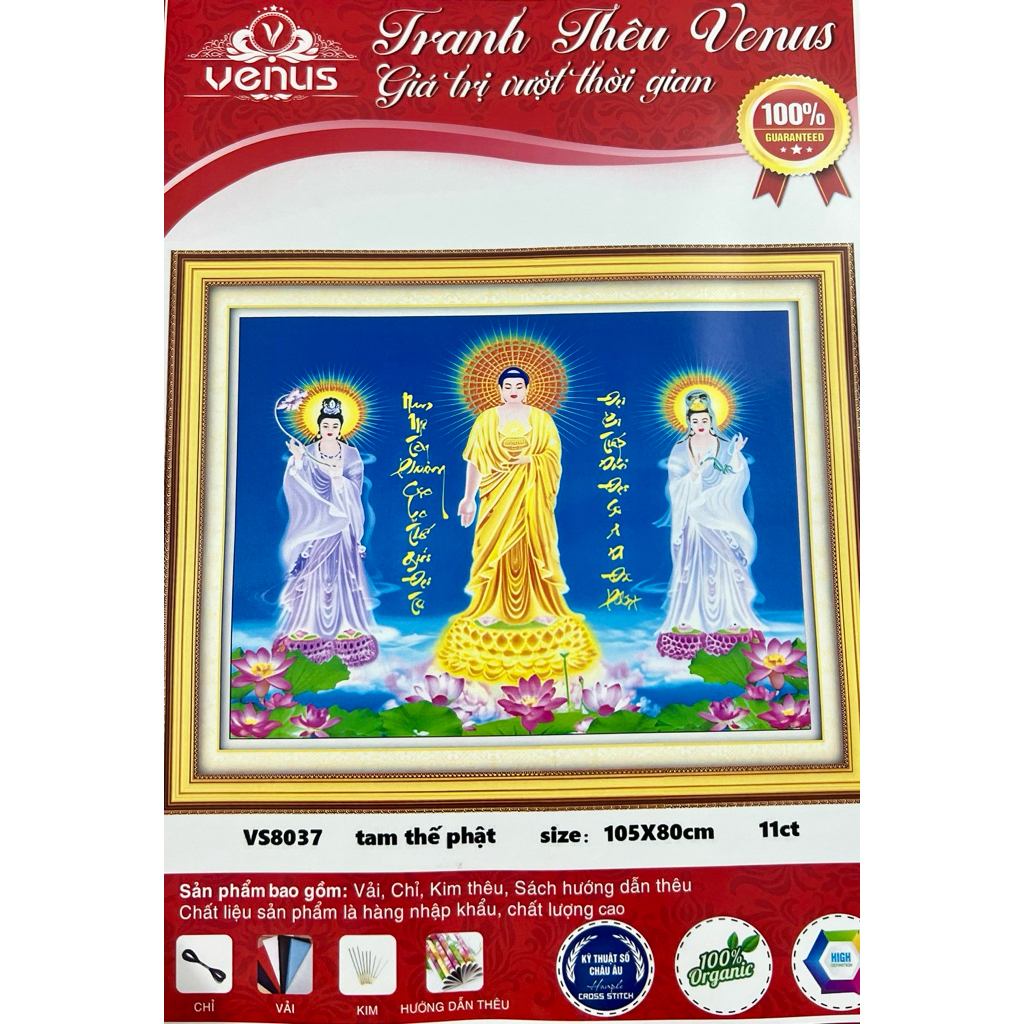 Tranh thêu kín tam thế Phật VS8037, kích thước 105 x 80 cm