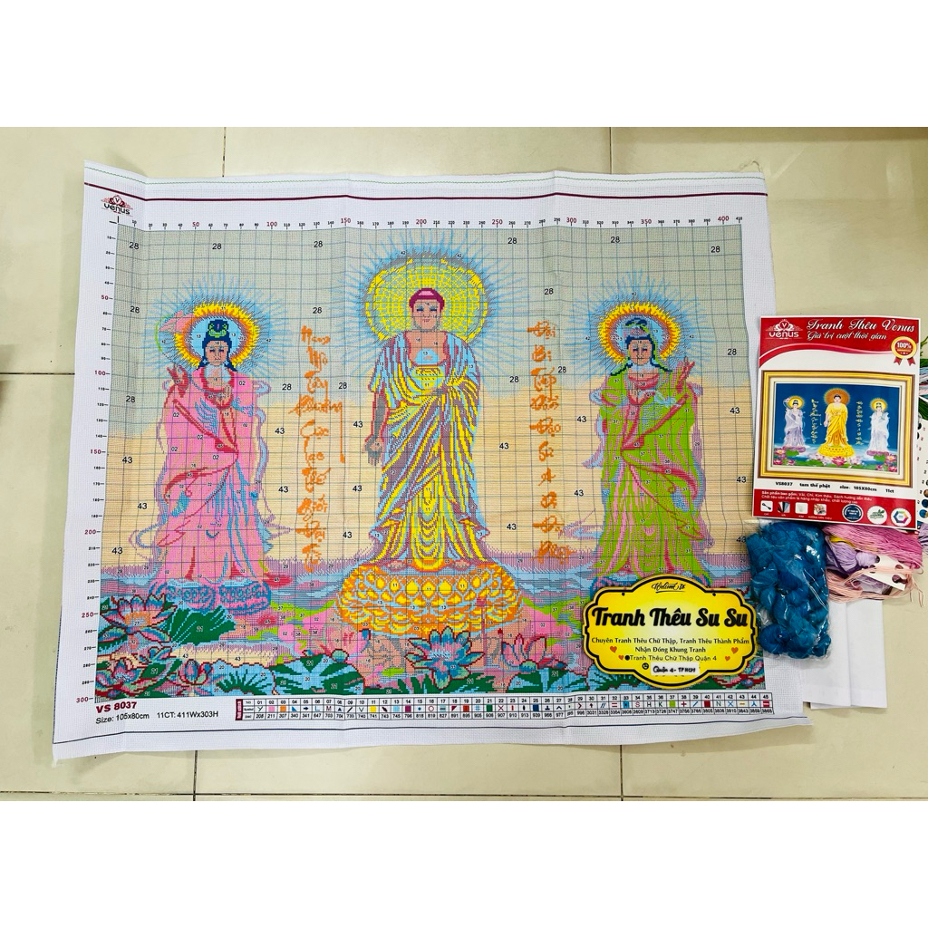 Tranh thêu kín tam thế Phật VS8037, kích thước 105 x 80 cm