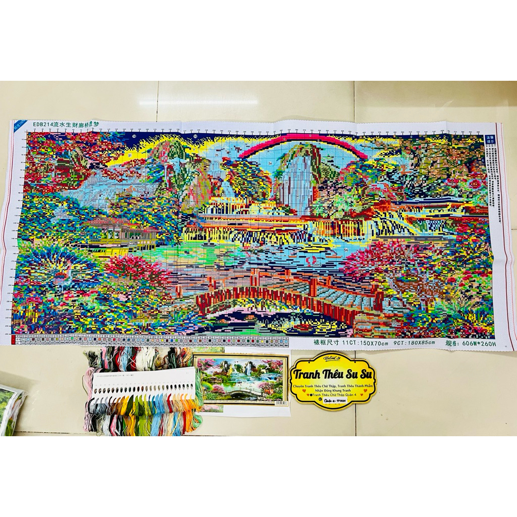Tranh thêu kín Phong cảnh Lưu thủy sinh tài EDB214, kích thước 150x 70 cm