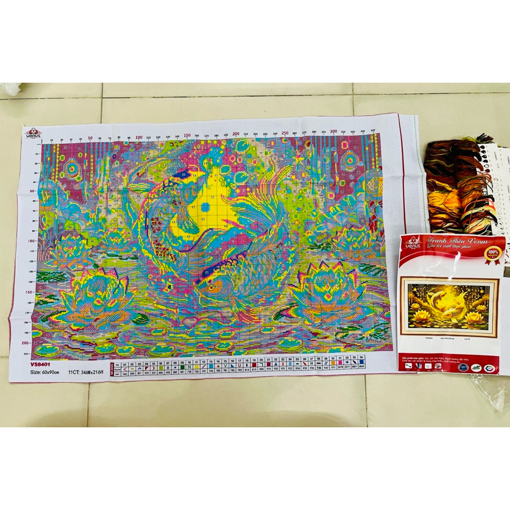 Tranh thêu kín Song ngư cá vàng VS8401, kích thước 60x 90 cm