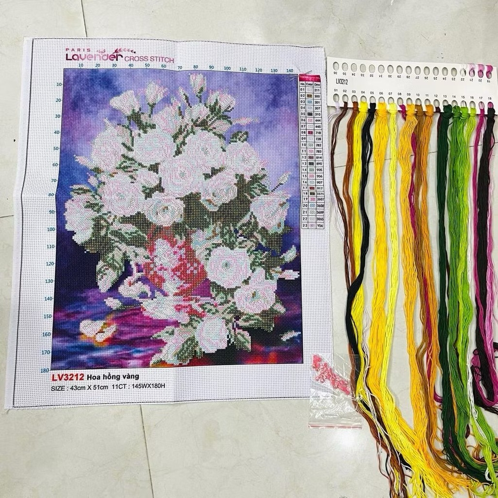 Tranh thêu chữ thập Hoa hồng vàng LV3212, kích thước 43 x 51 cm