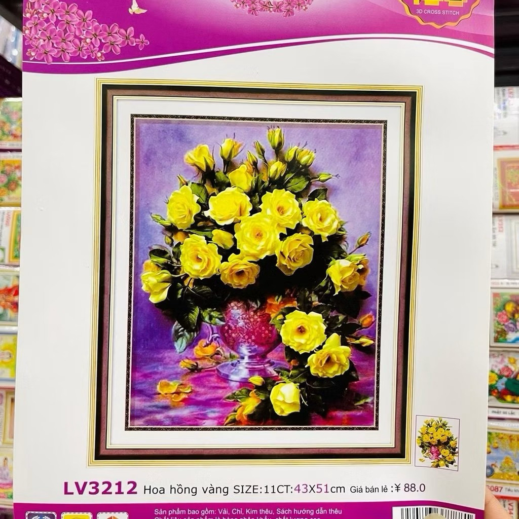 Tranh thêu chữ thập Hoa hồng vàng LV3212, kích thước 43 x 51 cm