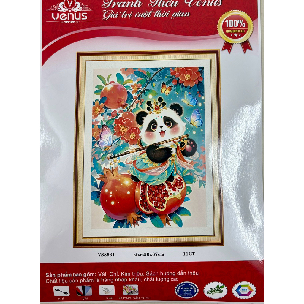 Tranh thêu kín Gấu trúc 12 tháng, kích thước mỗi bức 50 x 67 cm, tranh này vải nâu