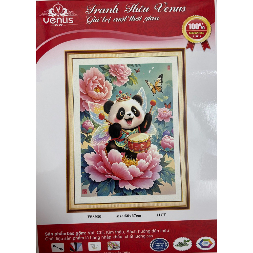 Tranh thêu kín Gấu trúc 12 tháng, kích thước mỗi bức 50 x 67 cm, tranh này vải nâu