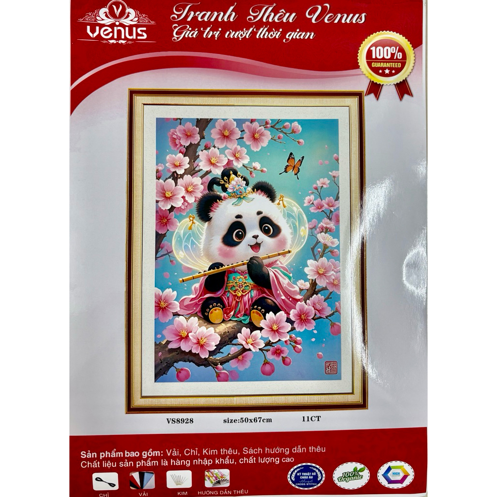 Tranh thêu kín Gấu trúc 12 tháng, kích thước mỗi bức 50 x 67 cm, tranh này vải nâu