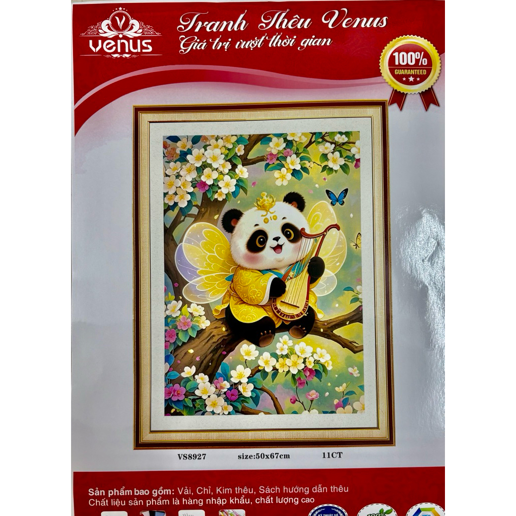 Tranh thêu kín Gấu trúc 12 tháng, kích thước mỗi bức 50 x 67 cm, tranh này vải nâu