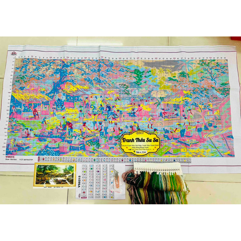 Tranh thêu kín Chợ quê VS8125, kích thước 150 x 75 cm