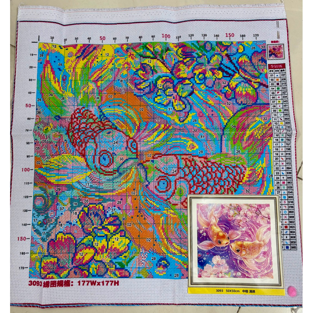 Tranh thêu kín Song ngư mẫu đơn (2 con cá), kích thước 50 x 90 cm