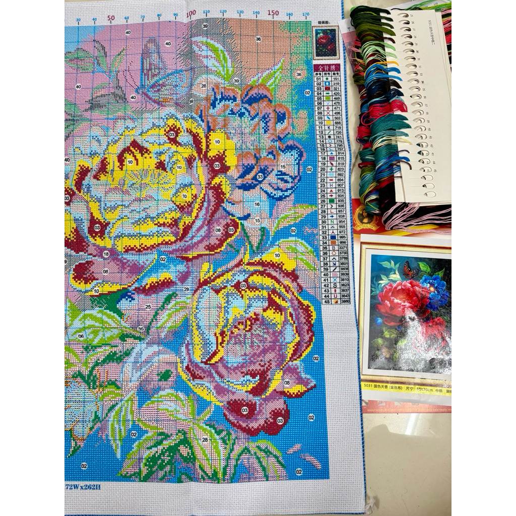 Tranh thêu kín chữ thập Hoa mẫu đơn đỏ 5031, kích thước 50 x 70 cm