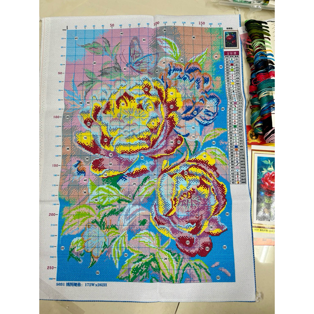 Tranh thêu kín chữ thập Hoa mẫu đơn đỏ 5031, kích thước 50 x 70 cm