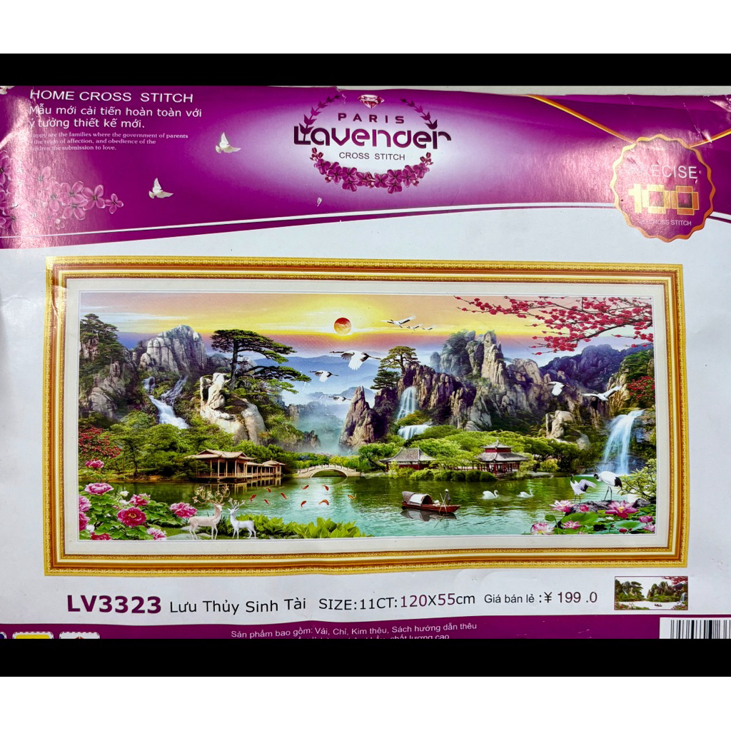 Tranh thêu Lưu thuỷ sinh tài LV3323, kích thước 120 x 55 cm