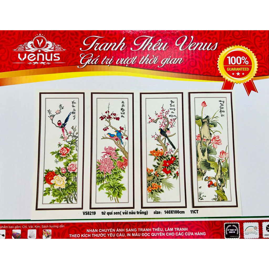 Tranh tứ quý thêu kín Xuân Hạ thu đông VS8219, kt 140 x 100 cm (4 miếng vải rời)