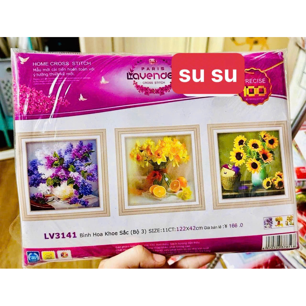 Tranh thêu Bộ ba bình hoa phú quý 223147, LV3141, LV3138