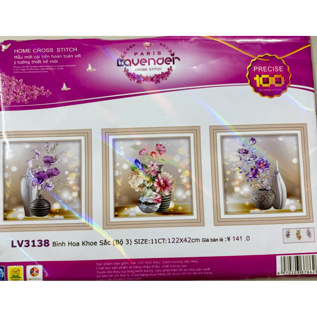 Tranh thêu Bộ ba bình hoa phú quý 223147, LV3141, LV3138