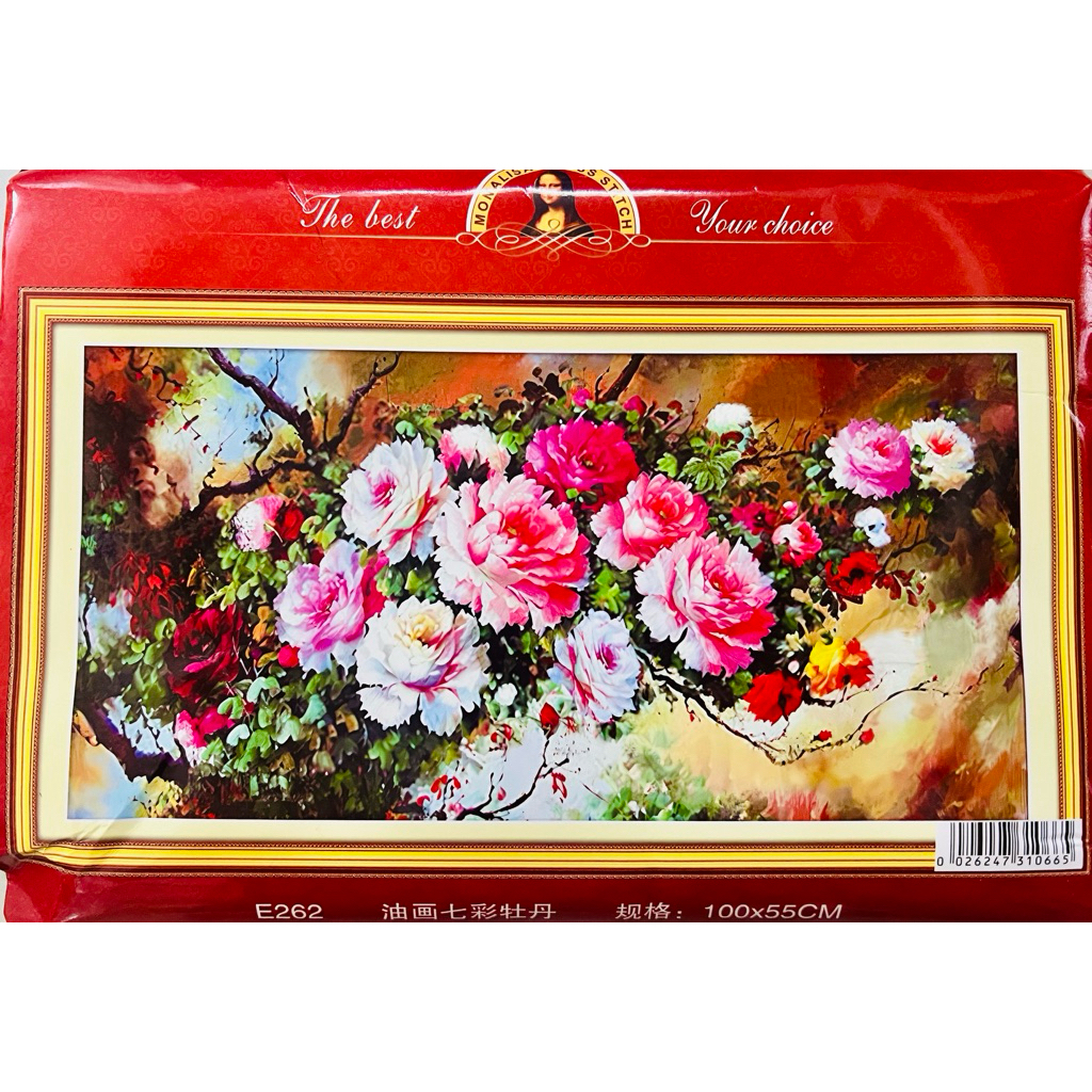 Tranh thêu kín Hoa mẫu đơn E262, 100x55 cm, 11ct thêu 3 sợi