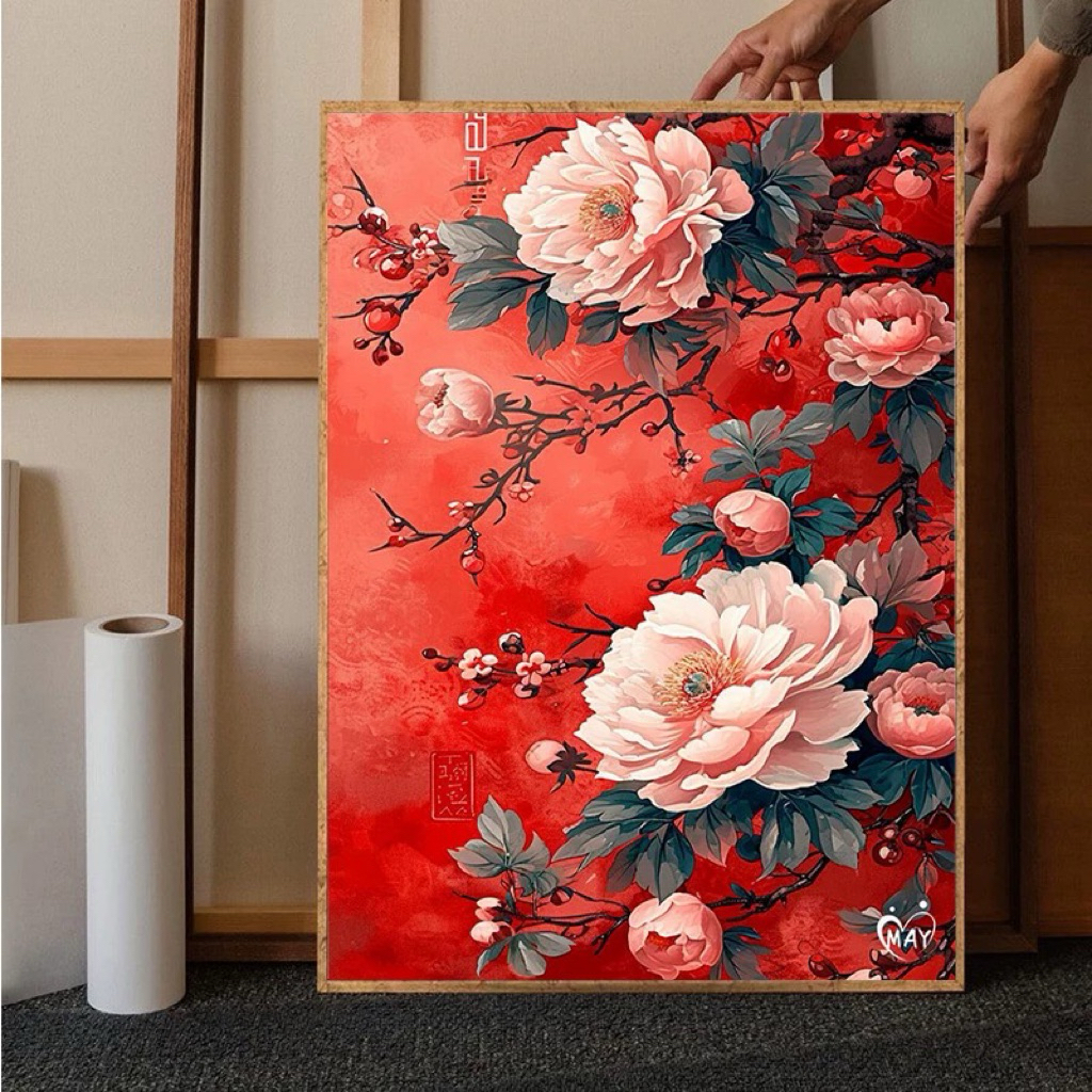 Tranh thêu kín Hoa mẫu đơn thanh khiết 6428, kích thước 50  x 68 cm