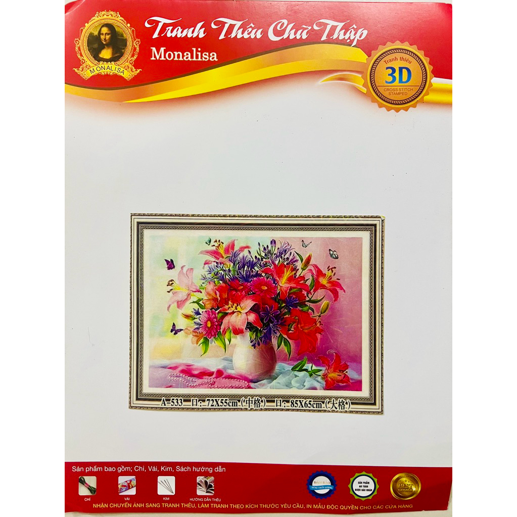 Tranh thêu kín Bình hoa A533, kích thước 72x55 cm