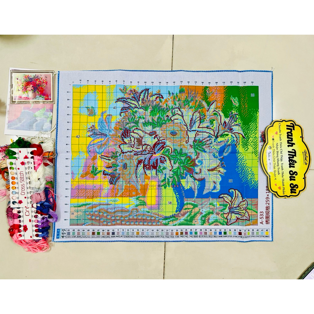 Tranh thêu kín Bình hoa A533, kích thước 72x55 cm