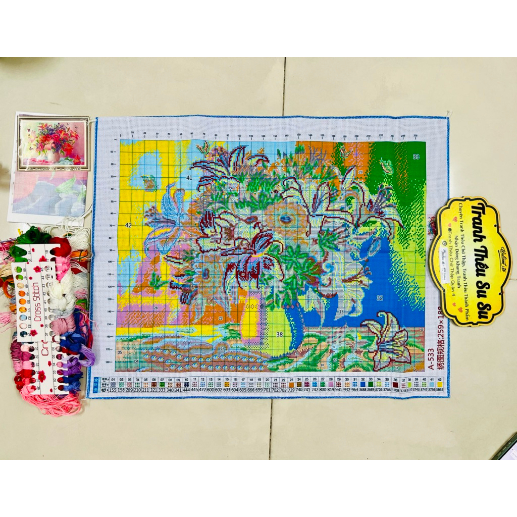 Tranh thêu kín Bình hoa A533, kích thước 72x55 cm