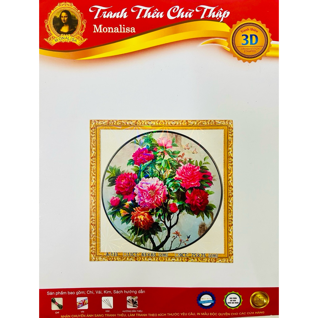 Tranh thêu kín Hoa mẫu đơn A133, kích thước 63 x 63 cm
