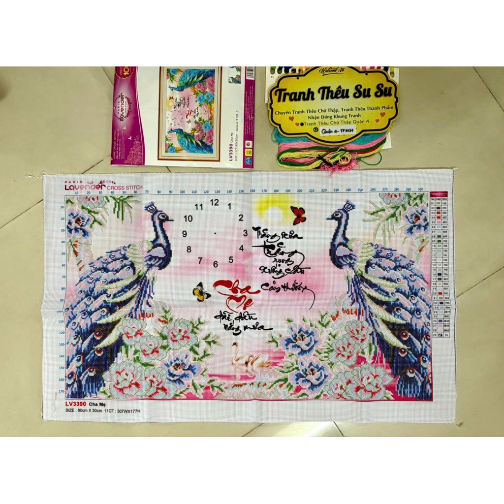 Tranh thêu chữ thập Cha mẹ (đồng hồ) LV3390, kích thước 80 x 50 cm