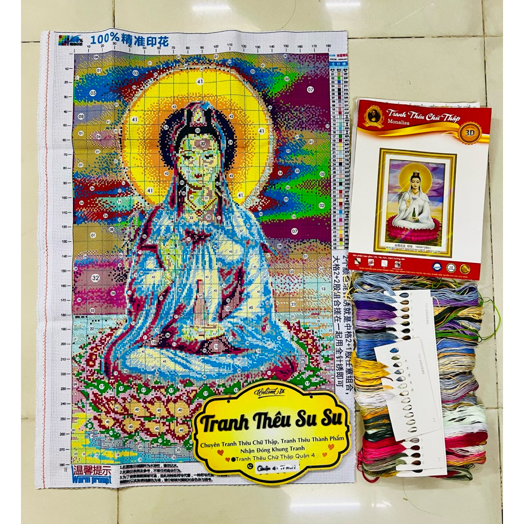Tranh thêu kín Quan âm (thêu 3 sợi), kích thước 54x77 cm