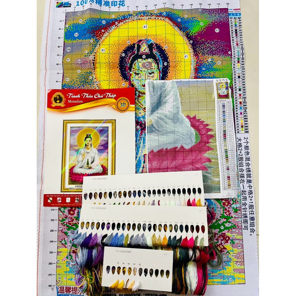 Tranh thêu kín Quan âm (thêu 3 sợi), kích thước 54x77 cm