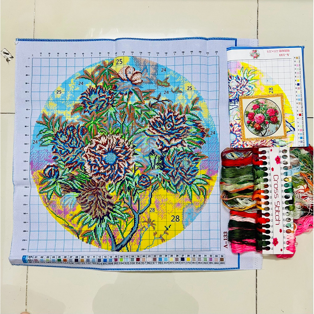 Tranh thêu kín Hoa mẫu đơn A133, kích thước 63 x 63 cm
