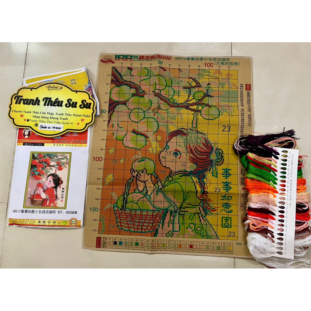[Thêu 4 sợi] Tranh thêu kín bé hái quả 68612, kích thước 45 x 58 cm