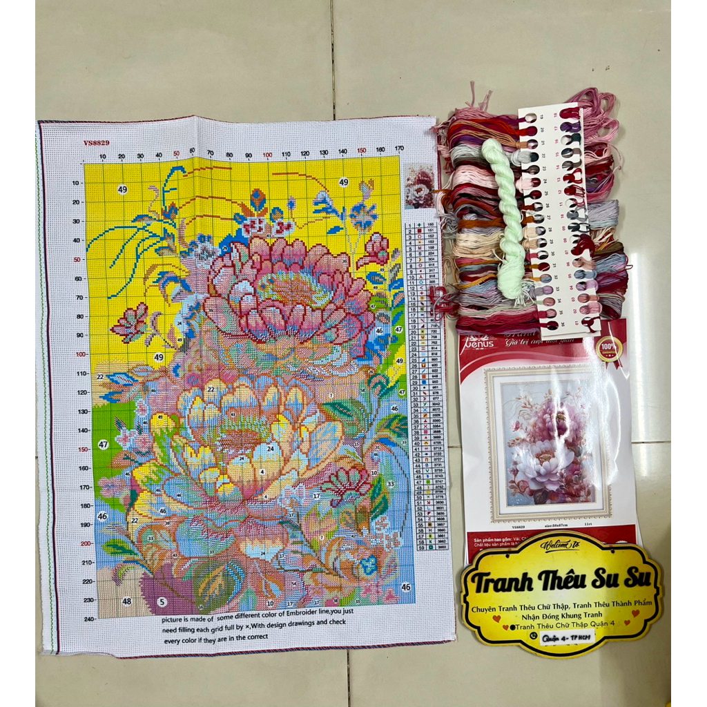 Tranh thêu kín Hoa mẫu đơn VS8829, kích thước 50 x 67 cm