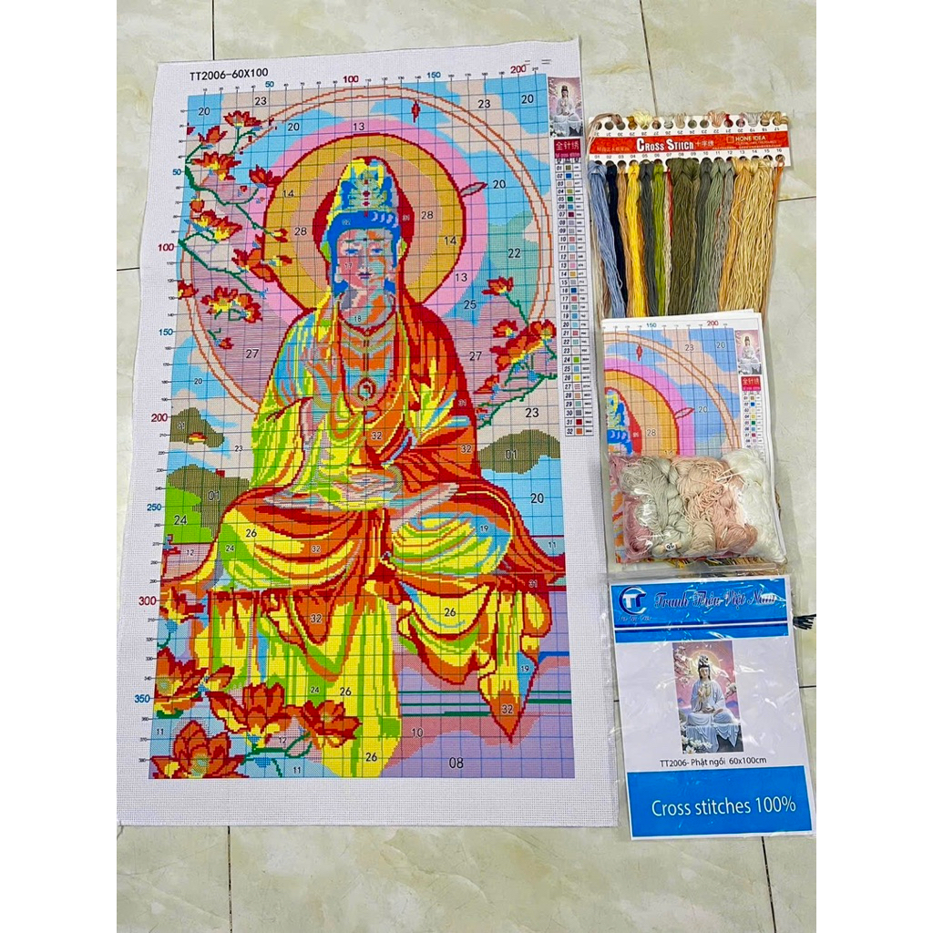 Tranh thêu kín Quan âm TT2006, kích thước 60x100 cm, 11ct thêu 3 sợi