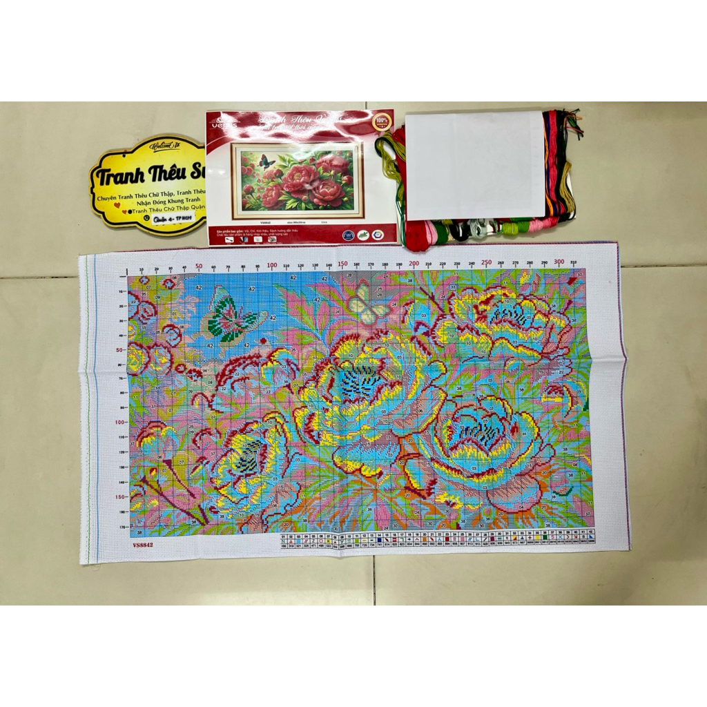 Tranh thêu kín Hoa mẫu đơn VS8842, kích thước 88 x 50 cm