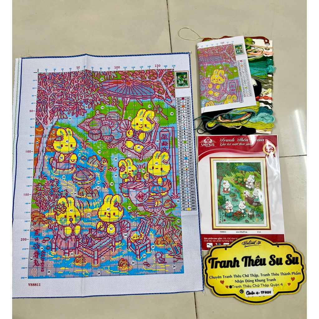 Tranh thêu kín Thỏ bán dưa VS8811, kích thước 50 x 67 cm