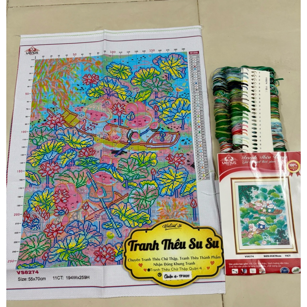 Tranh thêu kín Thỏ hái sen VS8274, kích thước 55 x 70 cm