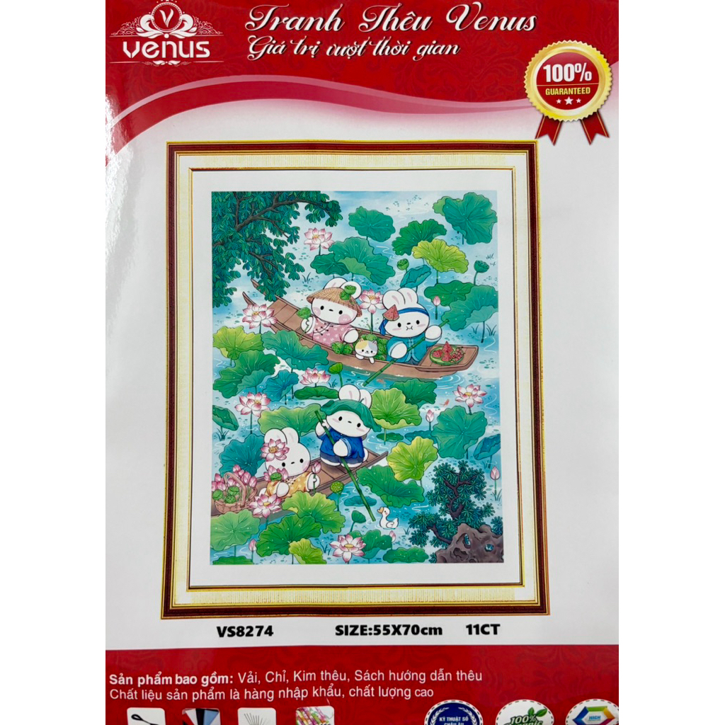 Tranh thêu kín Thỏ hái sen VS8274, kích thước 55 x 70 cm