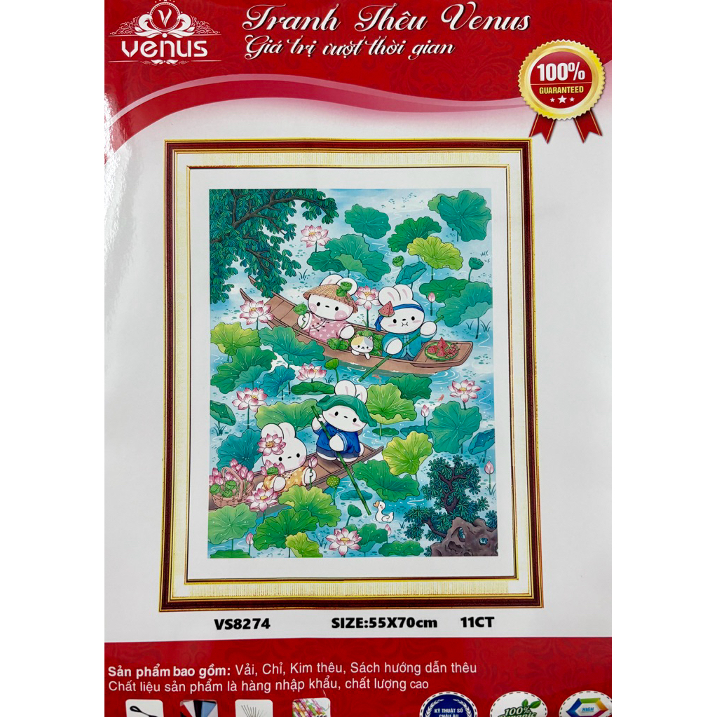 Tranh thêu kín Thỏ hái sen VS8274, kích thước 55 x 70 cm
