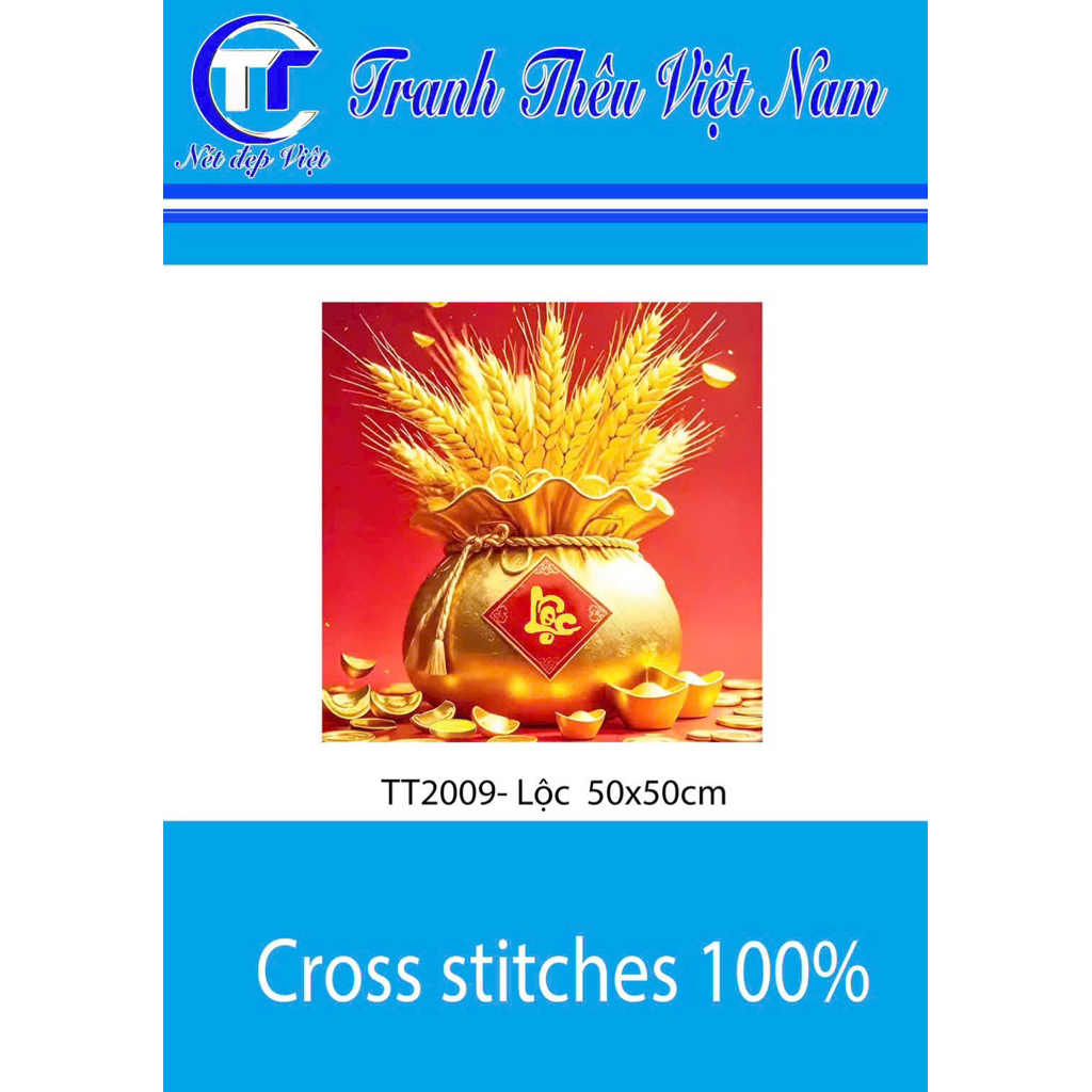 Tranh thêu kín Túi tiền Phúc Lộc Thọ, kích thước 50x 50 cm