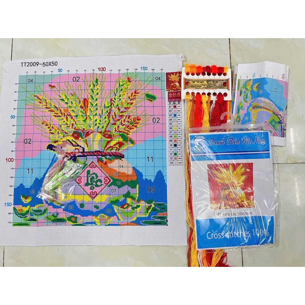 Tranh thêu kín Túi tiền Phúc Lộc Thọ, kích thước 50x 50 cm