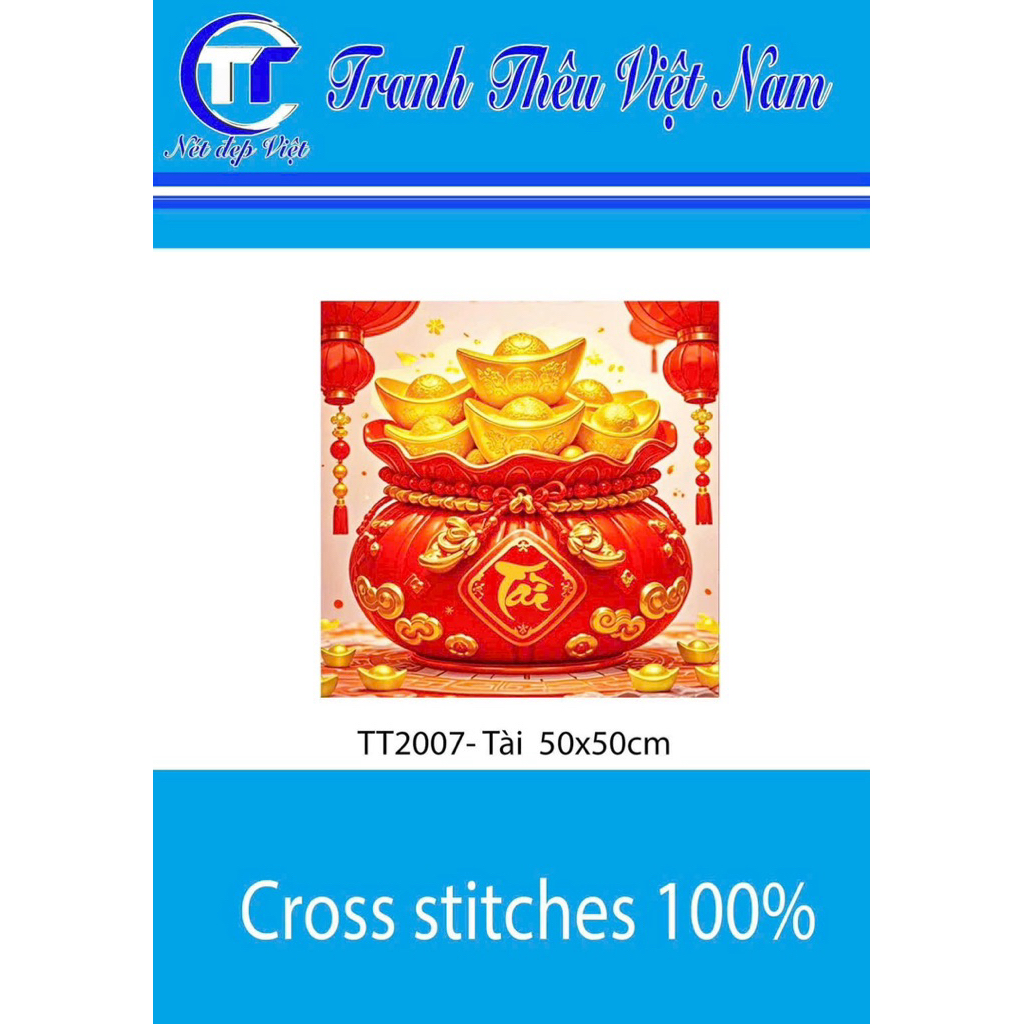Tranh thêu kín Túi tiền Phúc Lộc Thọ, kích thước 50x 50 cm