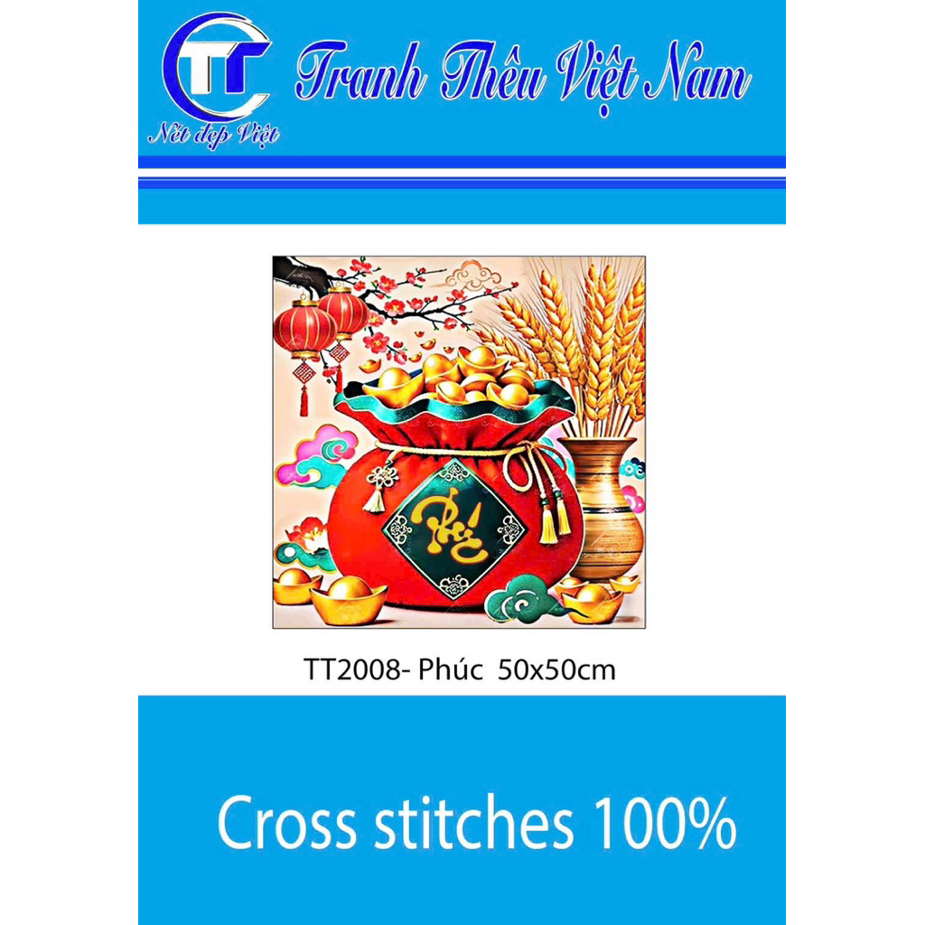 Tranh thêu kín Túi tiền Phúc Lộc Thọ, kích thước 50x 50 cm
