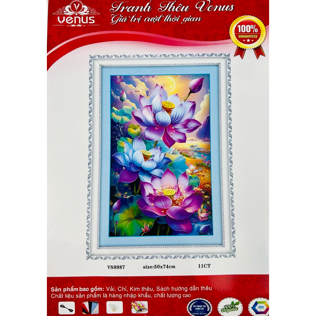 Tranh thêu kín Hoa sen tím VS8987, kích thước 50 x 74 cm