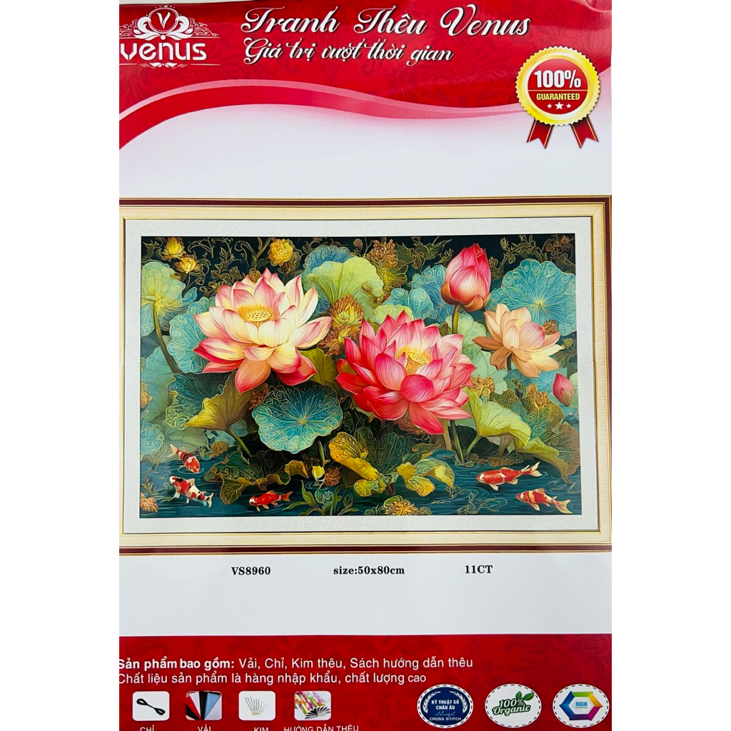 Tranh thêu kín Hoa sen tươi sắc VS8960, kích thước 50 x 80 cm