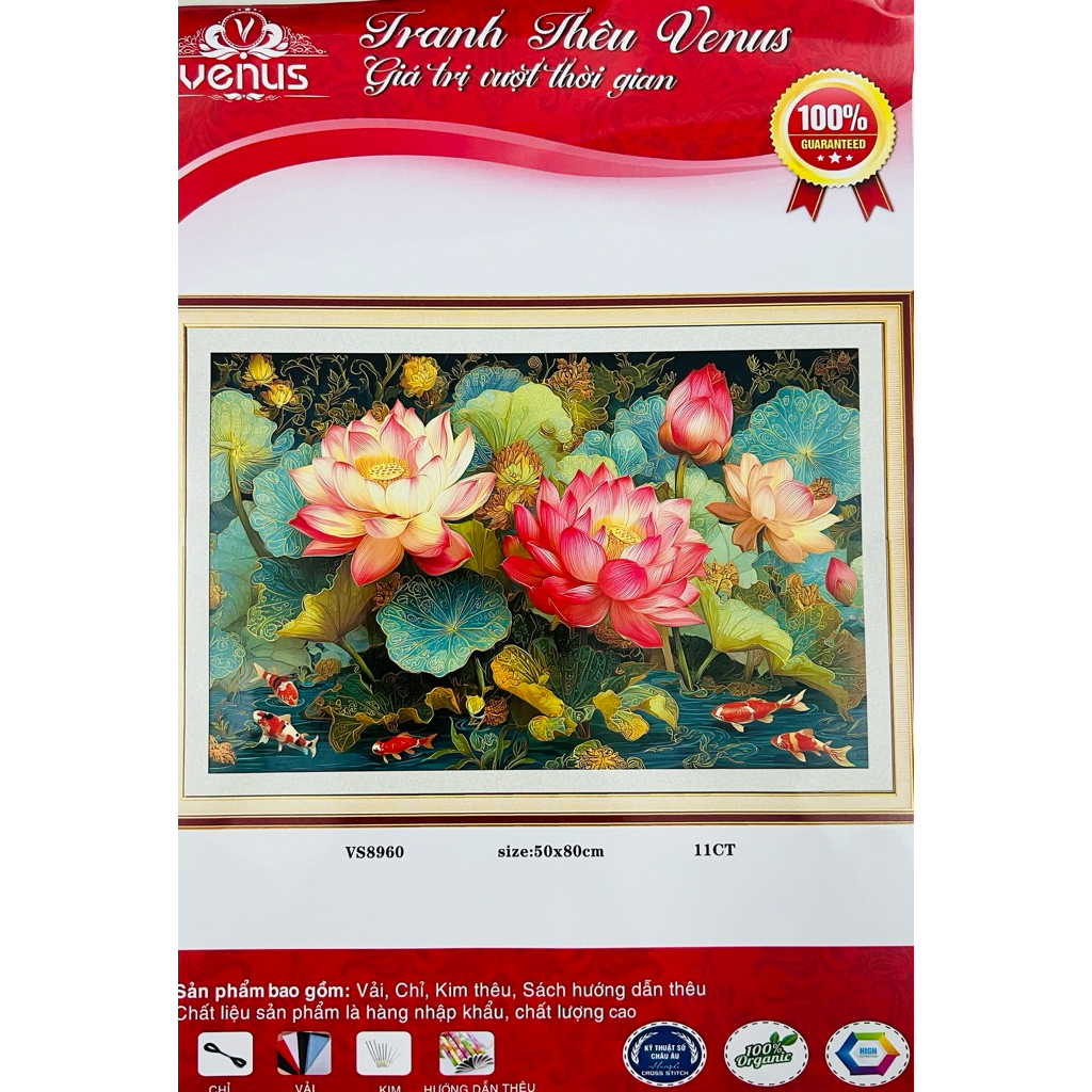 Tranh thêu kín Hoa sen tươi sắc VS8960, kích thước 50 x 80 cm