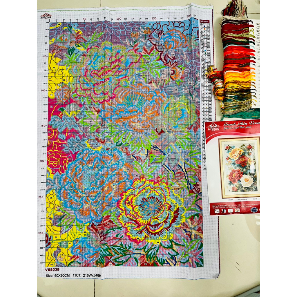 Tranh thêu kín Hoa mẫu đơn VS8339, kích thước 60  x 90 cm